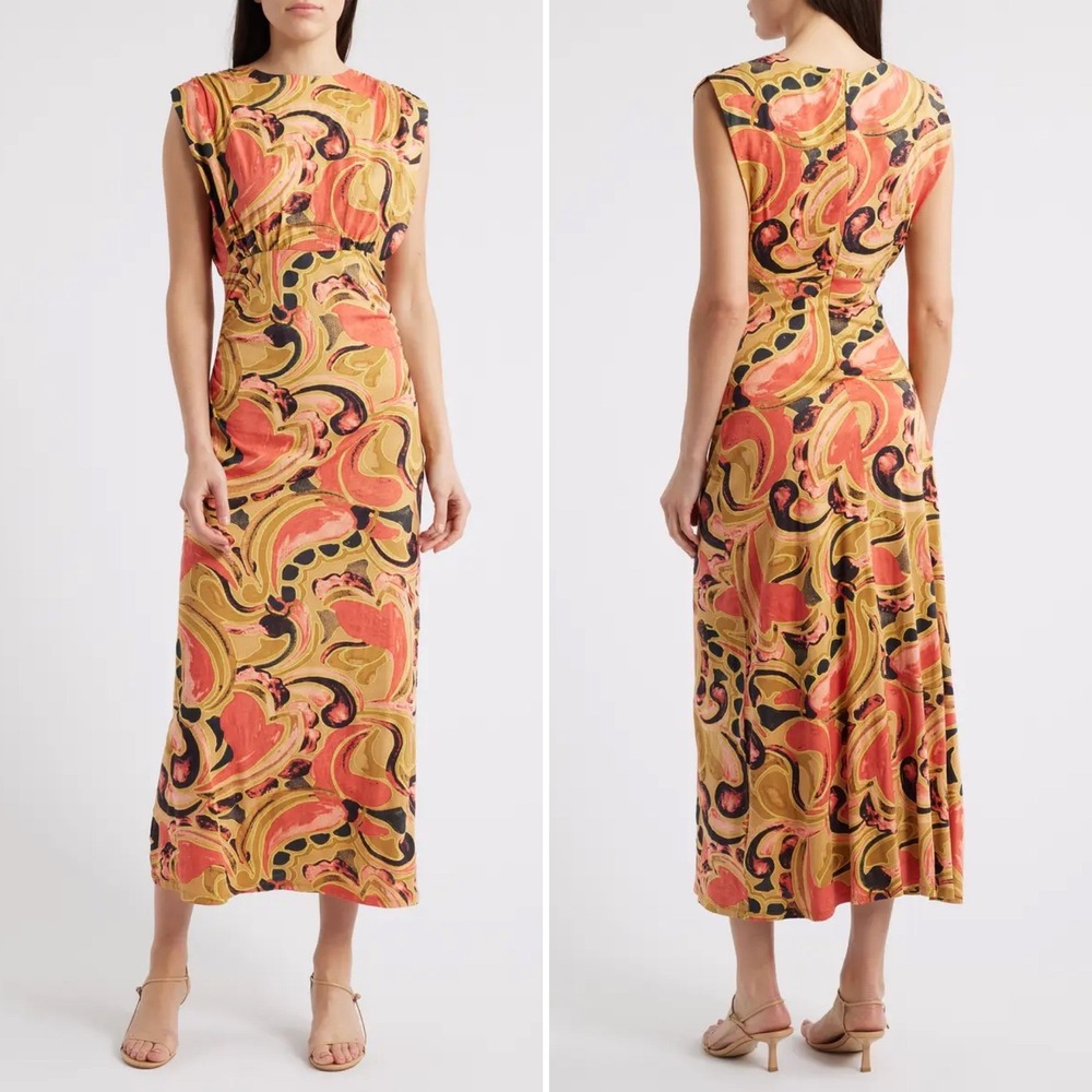 Cleobella Donna Paisley Maxi Dress Sz XS Mustard Yellow Red Abstract Swirl Chic